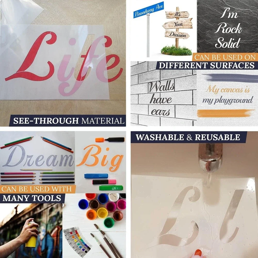 BIG KLAUSS Letter Stencils for Painting on Wood - Alphabet Stencils with Calligr